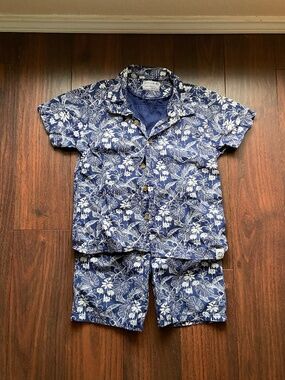 FREE PLANET Boys Beach Set Button Up Shirt & Shorts 100% Cotton Blue White 5T